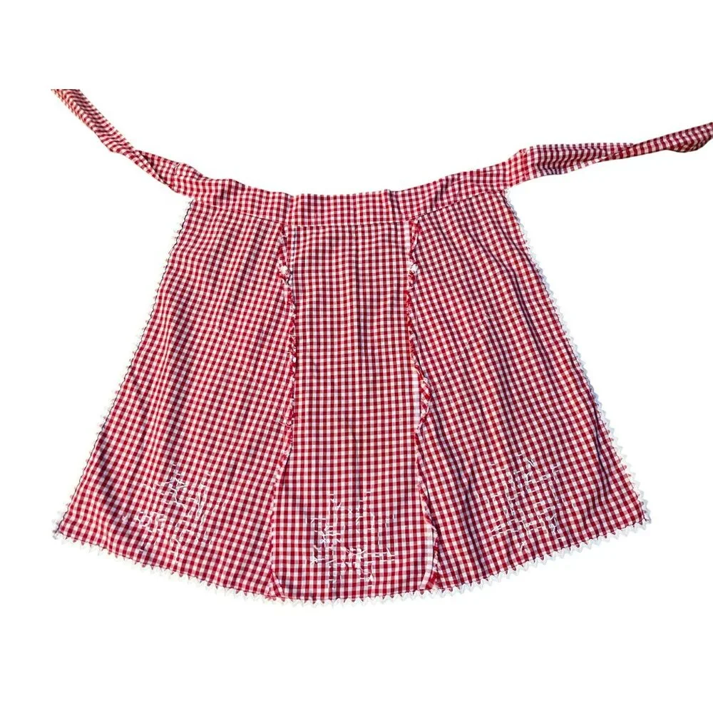 Vintage Red Gingham Half Apron Embroidered Pockets Farmhouse OSFM